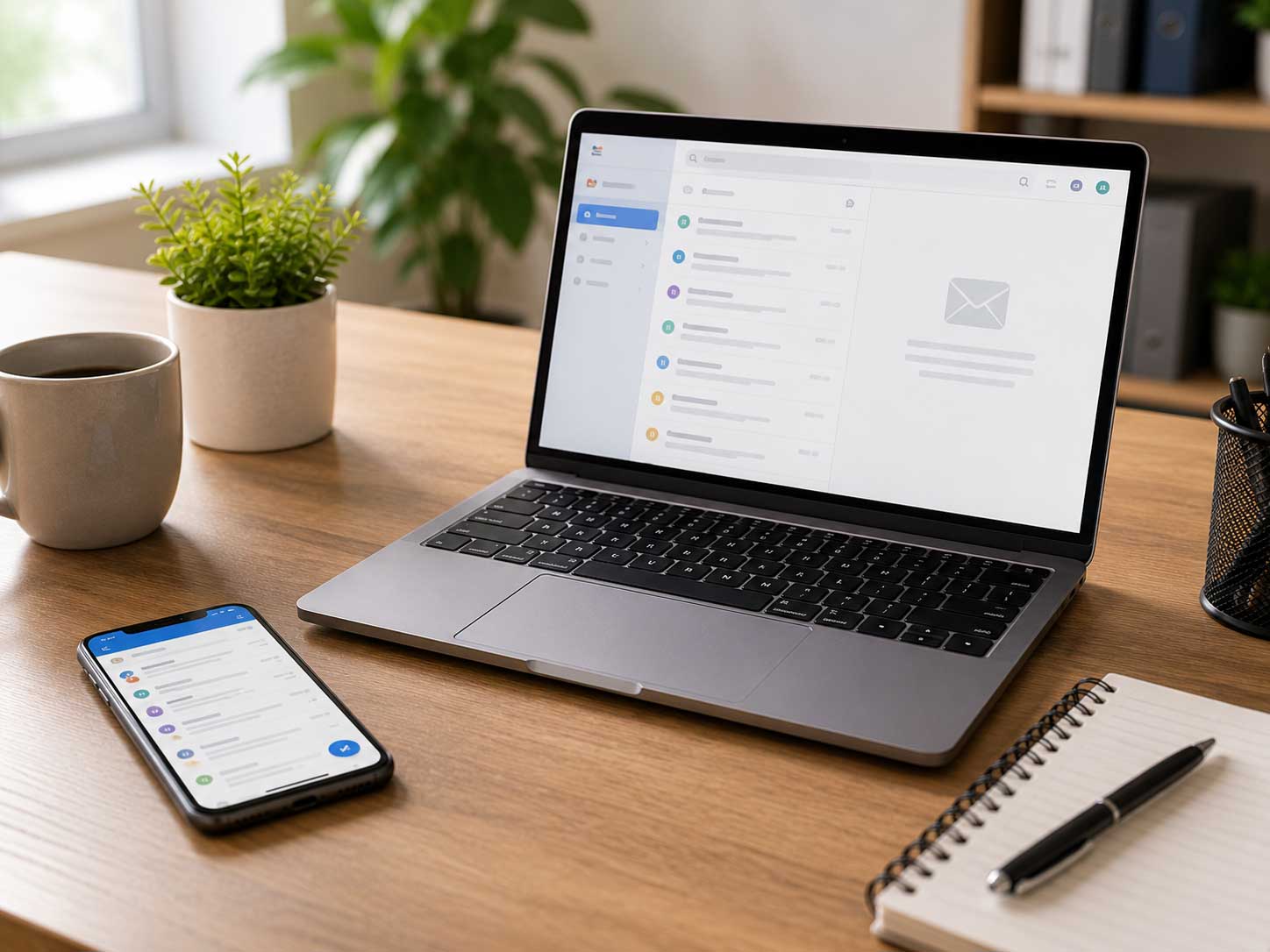 Laptop és okostelefon egy munkaasztalon, e-mail használat különböző eszközökön