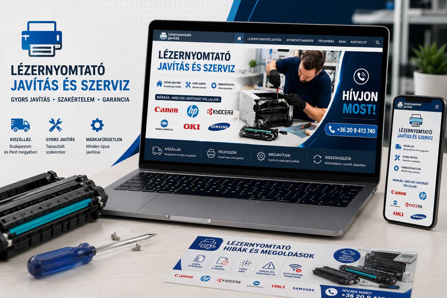 Lézernyomtató javítás és szerviz logó és SPEEDPAGE weboldal referencia